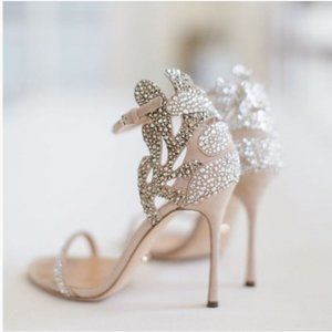 FSJ Nude Open Toe Rhinestone Stilettos Ankle Strap